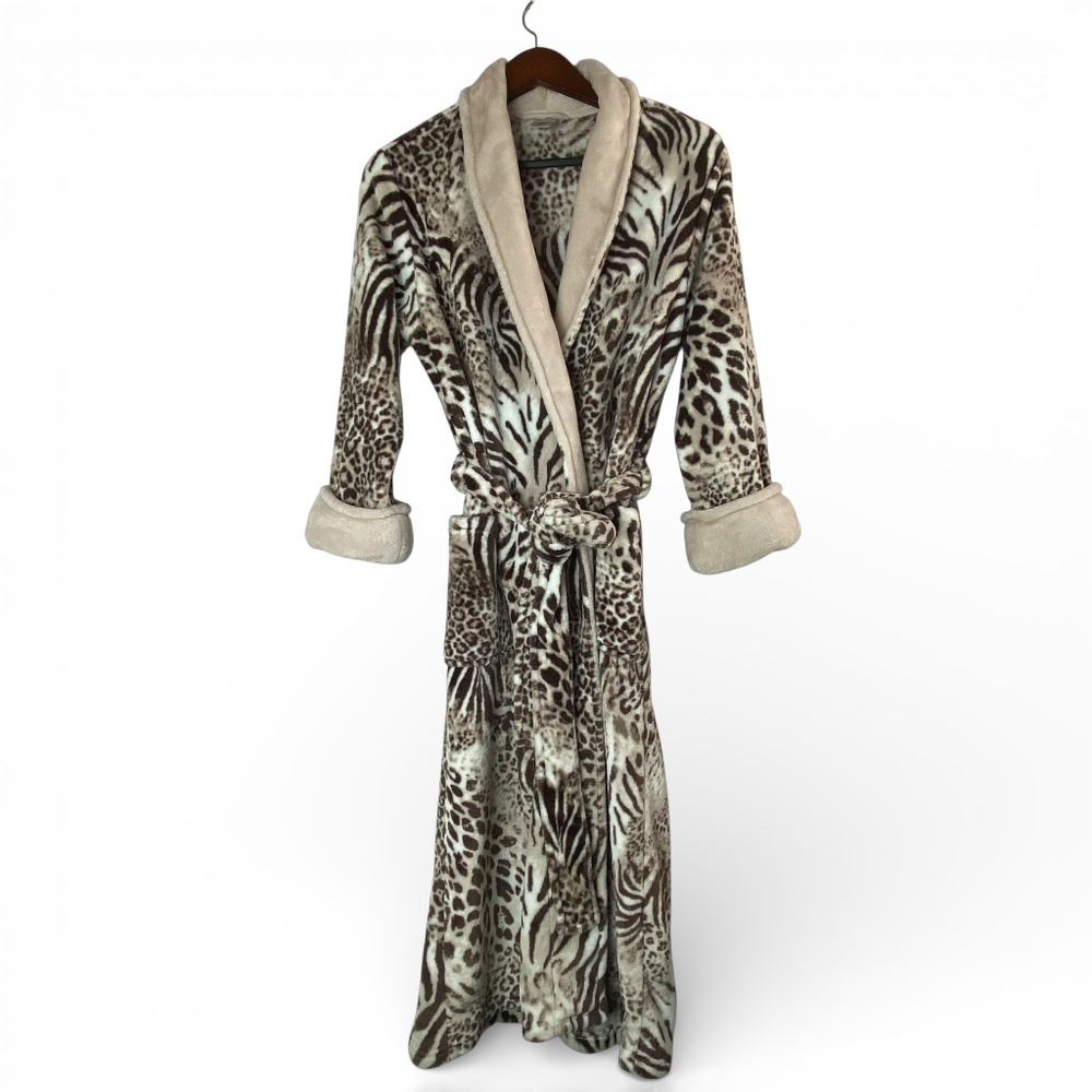 NATORI Plush Leopard Cheetah Zebra Cozy Robe in Beige Brown Size M